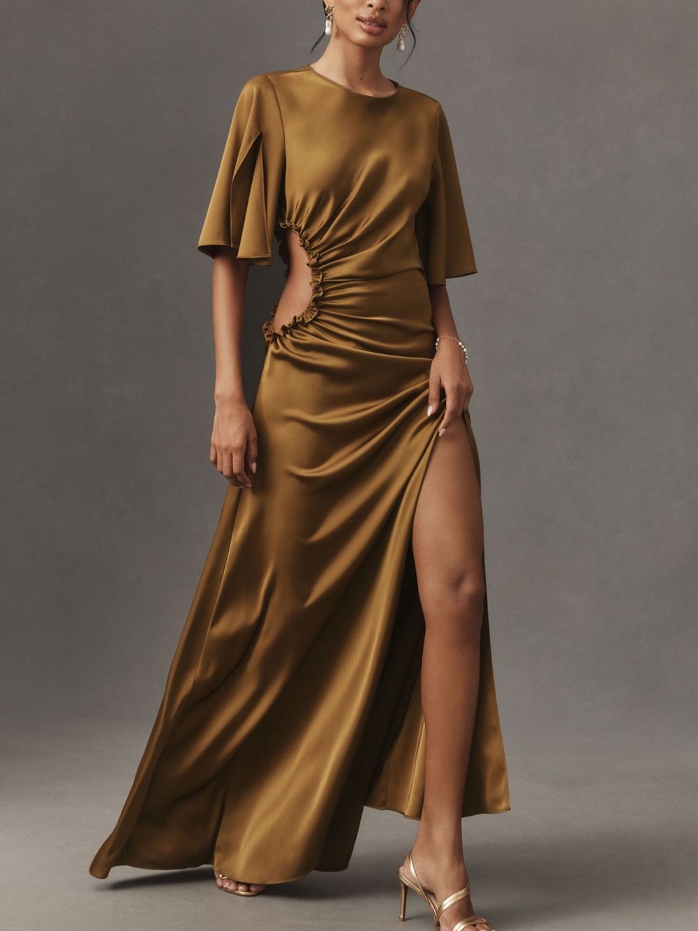 Olive Satin Maxi Dress with Side Cutout